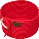 Red Cotton Rope Storage Basket with Wooden Ring & PU, 9.84 * 9.84 * 5.91 Inches, Organizer for Home & Office