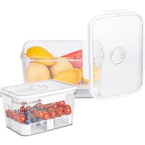 2 PCS Fruit Storage Containers for Fridge with Timer & Strainer, 5.5L+2.3L Bread Box BPAFree Produce Keepers Leakproof Food Containers with Handle Airtight Lids for Vegetables Fruit Meat Fresh Longer
