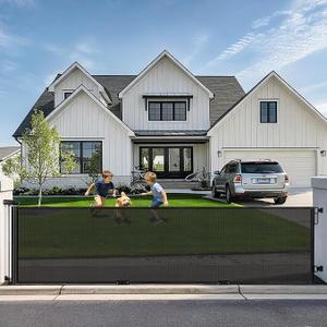 FRUITEAM 71" Wide Outdoor Waterproof Retractable Gate for Dogs & Kids – Ground Stakes, Easy One-Hand Operation, Scratch-Resistant & Tear-Proof Mesh for Indoor/Outdoor Use on Deck, Porch Steps–Black