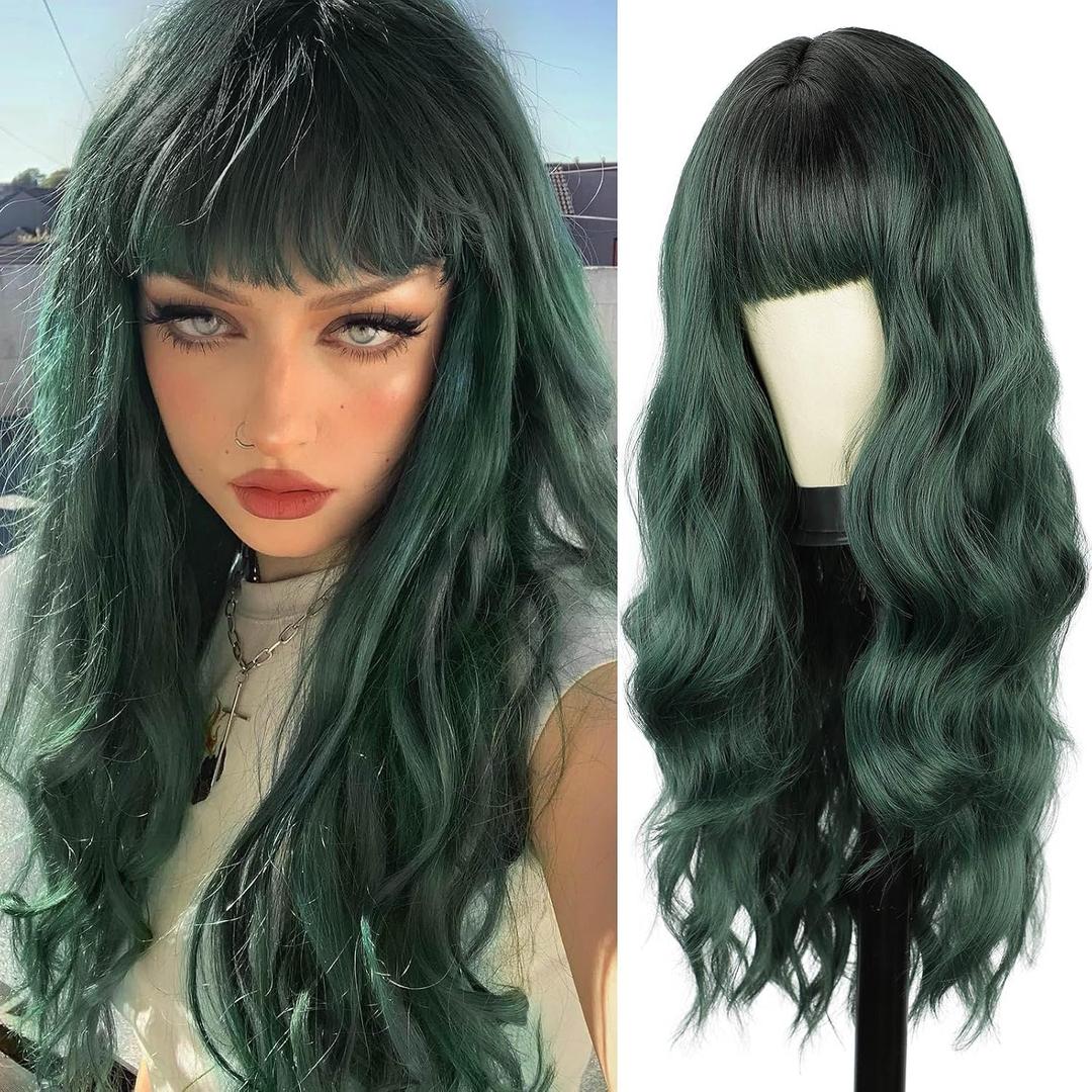 BOGSEA Green Wig with Bangs Long Grenn Wig for Women 26 Inch Synthetic Heat Resistant Fiber Wigs for Daily Party (Green)