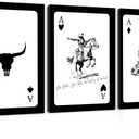 3Pcs Western Cowboy Canvas Wall Art Rustic Southwestern Poster Retro Western Aesthetic Pictures Playing Card Prints Longhorn Bull Skull Painting Cactus Wall Decor for Bedroom Living Room Framed (black and white)