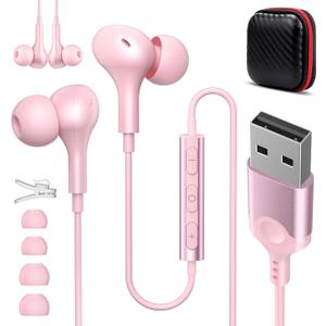 ASKUBSKU USB Headset with Microphone for PC 7.5 Ft Cable, USB A Headphones for Computer, Wired USBA Earbuds with Mute Stereo Noise Canceling Call Cord Laptop Earphones for Dell Surface Switch, Pink