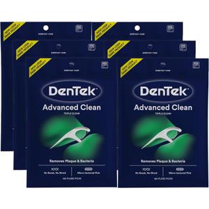 DenTek Advanced Clean Floss Picks with No Break & No Shred Dental Floss, Plaque Remover, 150 Count, Pack of 6