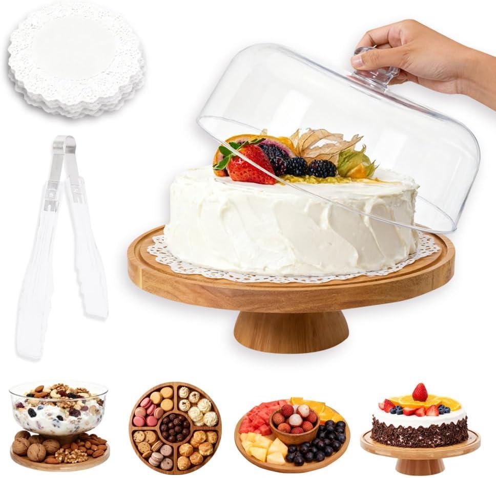 Wooden Cake Stand with Clear Lid, 11in 4-in-1 Round Dessert Stand Includes Baking Paper and Food Tongs, Multifunctional Cake Holder Dessert Table Display Set for Party Wedding Birthday
