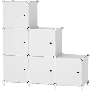 Cube Storage Organizer, 6-Cube Shelves Unit with Doors, DIY Stackable Plastic Clothes Organizer for Bedroom and Under Stairs Storage Unit, Each Compartment 30 x 30 x 30 cm White ATTSL6002