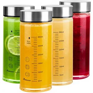 Glass Juice Bottles 4 Pack 12 oz - Wide Mouth Glass Water Bottles with Lids - for Juicing, Protein, Smoothie, Milk, Reusable, BPA Free, Stainless Steel Lids, Blender, Shaker Bottle (12oz/400ml)