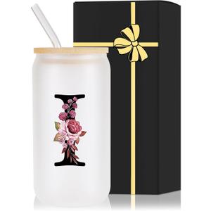 Monogrammed Glass Drinking Cup With Lid Straw Women Thank you Appreciation Gratitude Gifts Female Teacher End of Year School Bus Driver Nurse Pastor Team Mom Coach Crossing Guard Scout Leader Doctor,I