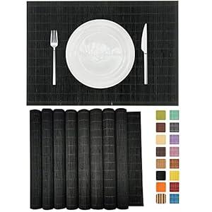 ANDSTAR Set of 8 Pcs Bamboo Placemats Sushi Rolling Mat Japanese Style Natural Anti-Slip Bamboo Placemats Washable Heat-Resistant Table Mats for Dining Room and Kitchen（Black）