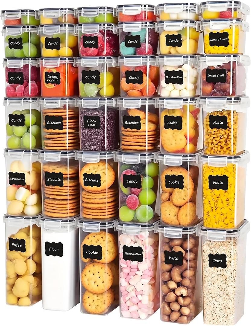 36 PCS Airtight Food Storage Containers with Lids, Plastic Kitchen and Organization Canisters for Cereal, Dry Food, Flour and Sugar, BPA-Free, PVC-Free, Includes Labels & Marker