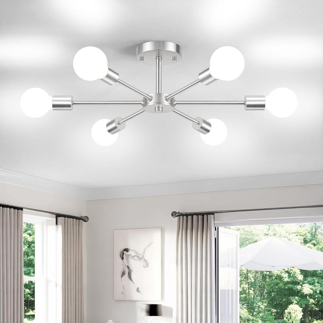 Lomoky 6-Lights Brushed Nickel Kitchen Light Fixtures Ceiling Mount, Modern Semi Flush Mount Ceiling Light, Sputnik Close to Ceiling Light for Bedroom Dining Room Hallway (Silver)