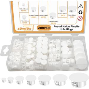 200PCS 7 Sizes White Nylon Plastic Plugs for Round Holes, 1" 3/4" 5/8" 1/2" 3/8" 5/16" 1/4" Round Hole Plug Cover Snap Locking, Used for Plastic, Cabinet Furniture DD016-w