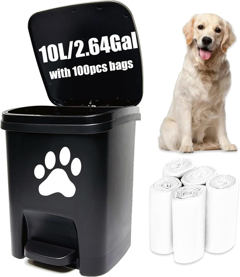 Tebiete Dog Poop Trash Can Outdoors Pet Waste Station with Lid Hands-Free Pedal Garden Yard Home with 100pc Waste Bags, Black (2.6Gal/10L Black, 2.6Gal/10L Black)
