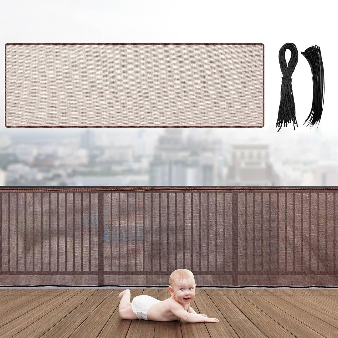 Hosuly Banister Guard 18 x 3 ft Balcony Netting for Kids Pets Stairway Safety Net Baby Fence Door Balcony Netting Safety Mesh Stair Net with No Drilling for Apartment Railing(Brown)