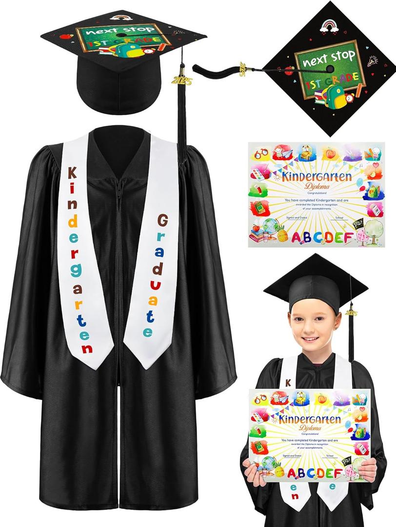 5 Pcs Kindergarten Graduation Cap and Gown Stoles Certificate Kids Graduation Custom with 2025 Tassel Set for Preschool Kids (Size 30, Black)
