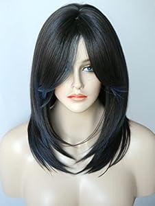Medium Length Layered Wigs Black with Blue Highlight wigs Layered wig with bangs Synthetic wig for white Women (Black blue mixed)