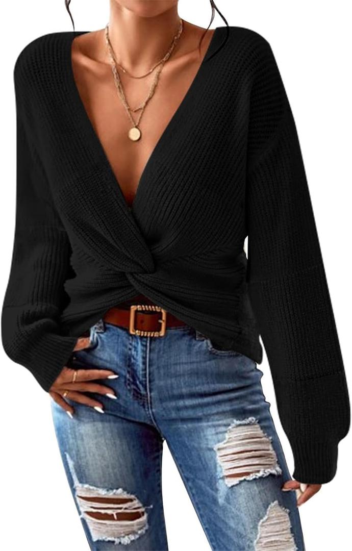Pink Queen Women's 2025 Casual Pullover Sweaters Sexy V Neck Long Sleeve Twist Knot Cropped Knit Sweater Tops, Black, Small