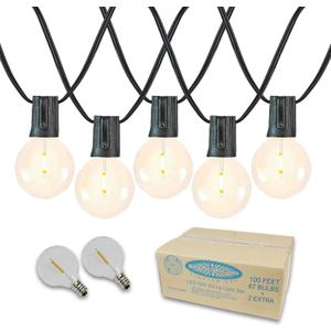 Novelty Lights 100 Feet G40 LED Patio String Light Set with 67 Bulbs, Warm White, Weather Resistant and Shatterproof Replaceable Plastic Globe Bulbs, Black Wire