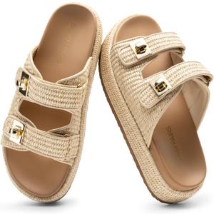 DREAM PAIRS Platform Sandals Women Raffia Espadrilles Summer Comfortable Wedge Sandals Beach Vacation Adjustable Buckle Cute Slide Sandals (10, Natural)