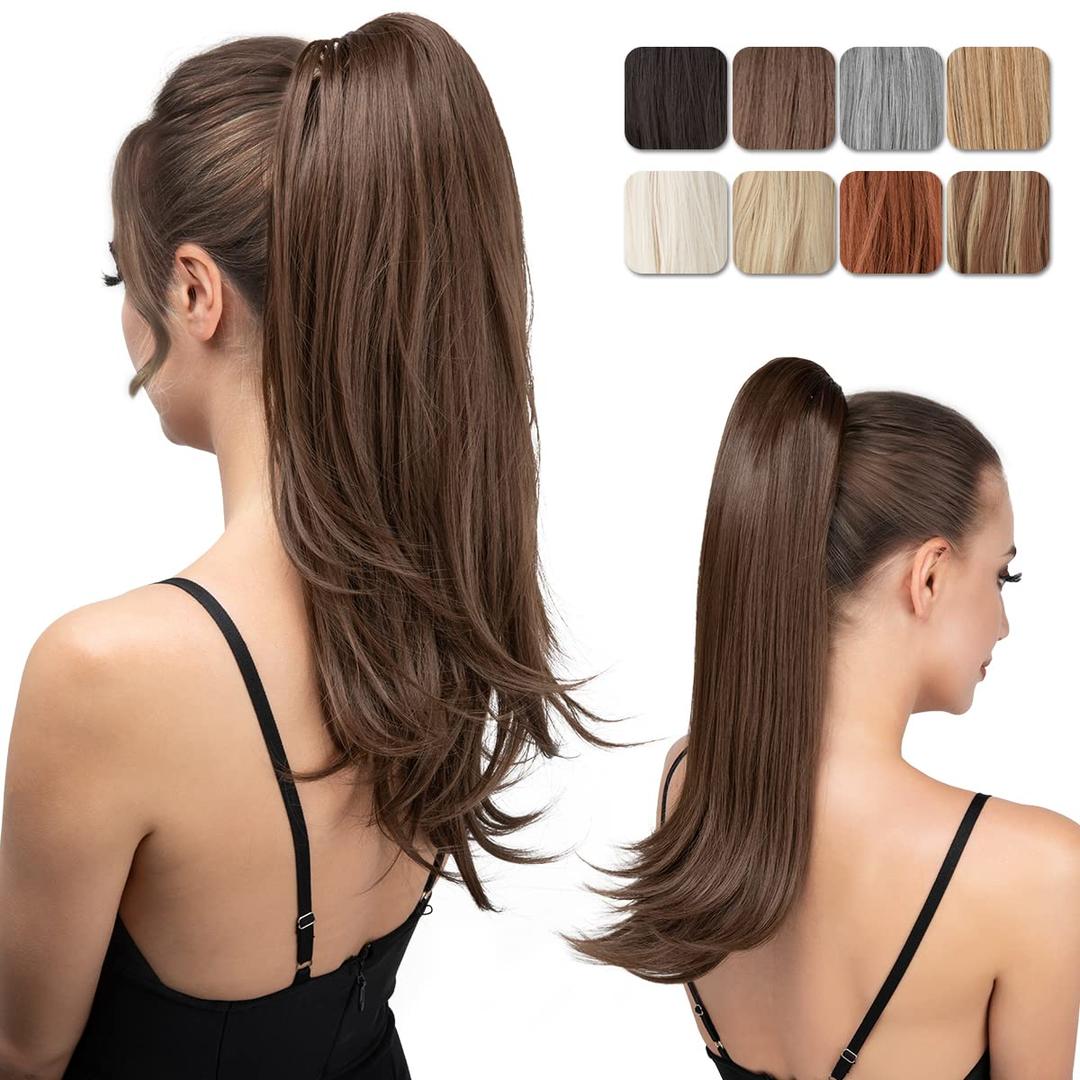 Clip in Ponytail Extension Medium Brown 18 Inch Pony Tails Hair Extensions for Women Long Straight Curly Tail Ponytail Hair piece Synthetic Fake Versatile Pony