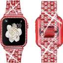 Supoix Compatible with Apple Watch Band 38mm 40mm 41mm 42mm 44mm 45mm 46mm 49mm+ Case, Women Jewelry Bling Diamond Rhinestone Replacement Metal Bands & 2 Pack PC Protector Case for iWatch Ultra 2/ Ultra Series 10/9/8/7/6/5/4/3/2/1/SE (44mm (Series 6/5/4/SE), Red)