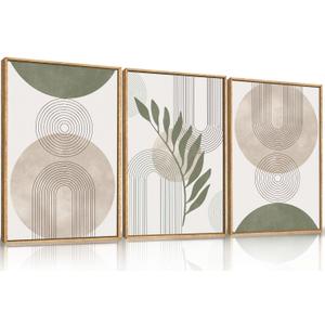 HPINUB Sage Green Framed Canvas Prints Wall Art Set, Abstract Botanical Boho Wall Decor, Minimalist Geometric Line Leaf Canvas Artwork for Living Room, Bedroom, Dining Room, Office, Bathroom - (16"x24"x3)