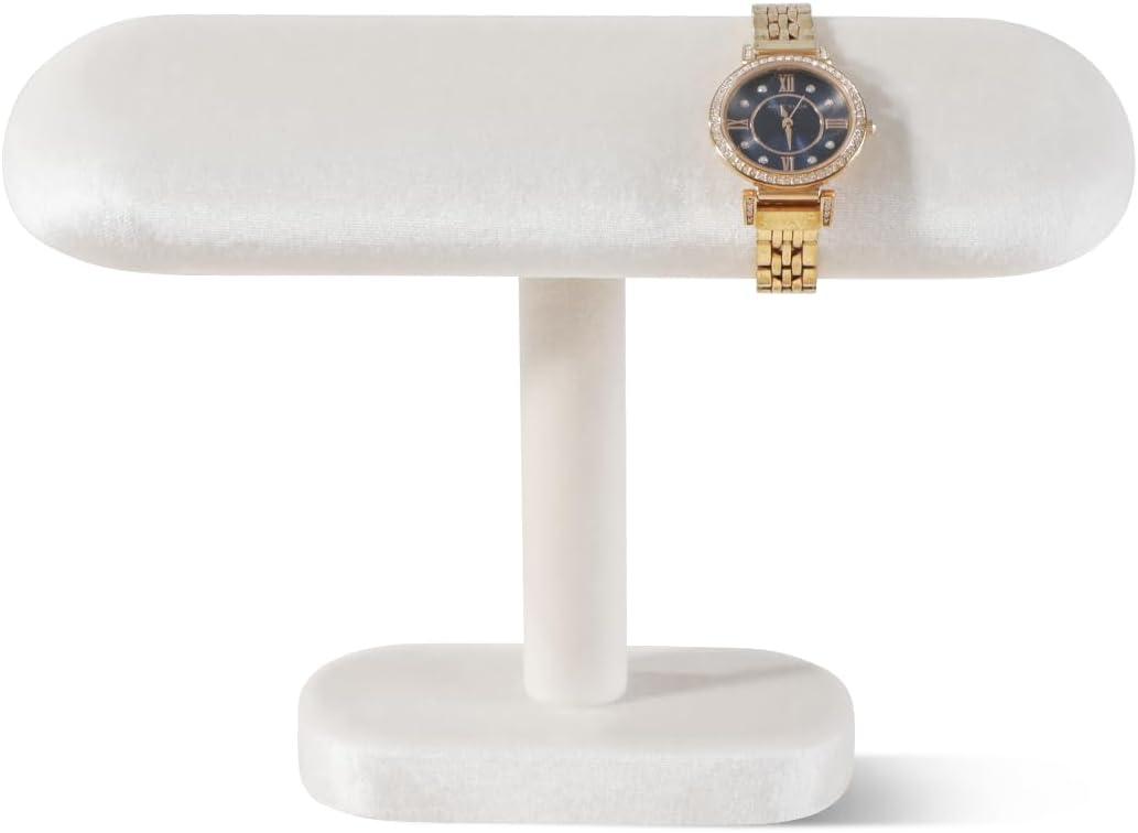 Resilient Velvet Watch Display Stand, T-Shape Jewelry Holder For Bracelet Necklace, Jewellery Store Retail Countertop Display Rack (Beige, Semi-Flat)