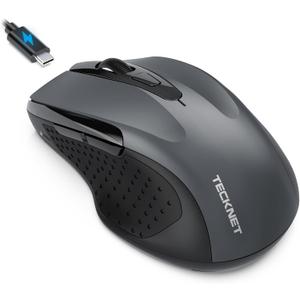 TECKNET Rechargeable Jiggler Wireless Mouse (BT5.0/3.0 & 2.4G) 4800 DPI Silent USB A & Bluetooth Mouse 6 Buttons, Wide Compatibility - Grey
