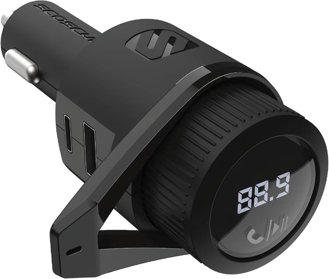 Scosche BTFM9 FM Bluetooth Transmitter Car, Dual 12W USB-C and USB-A Charging Ports, Fast Type C Car Charger, Wireless Radio Bluetooth Adapter, Hands-Free Kit for Calls, Siri and Google Assistant