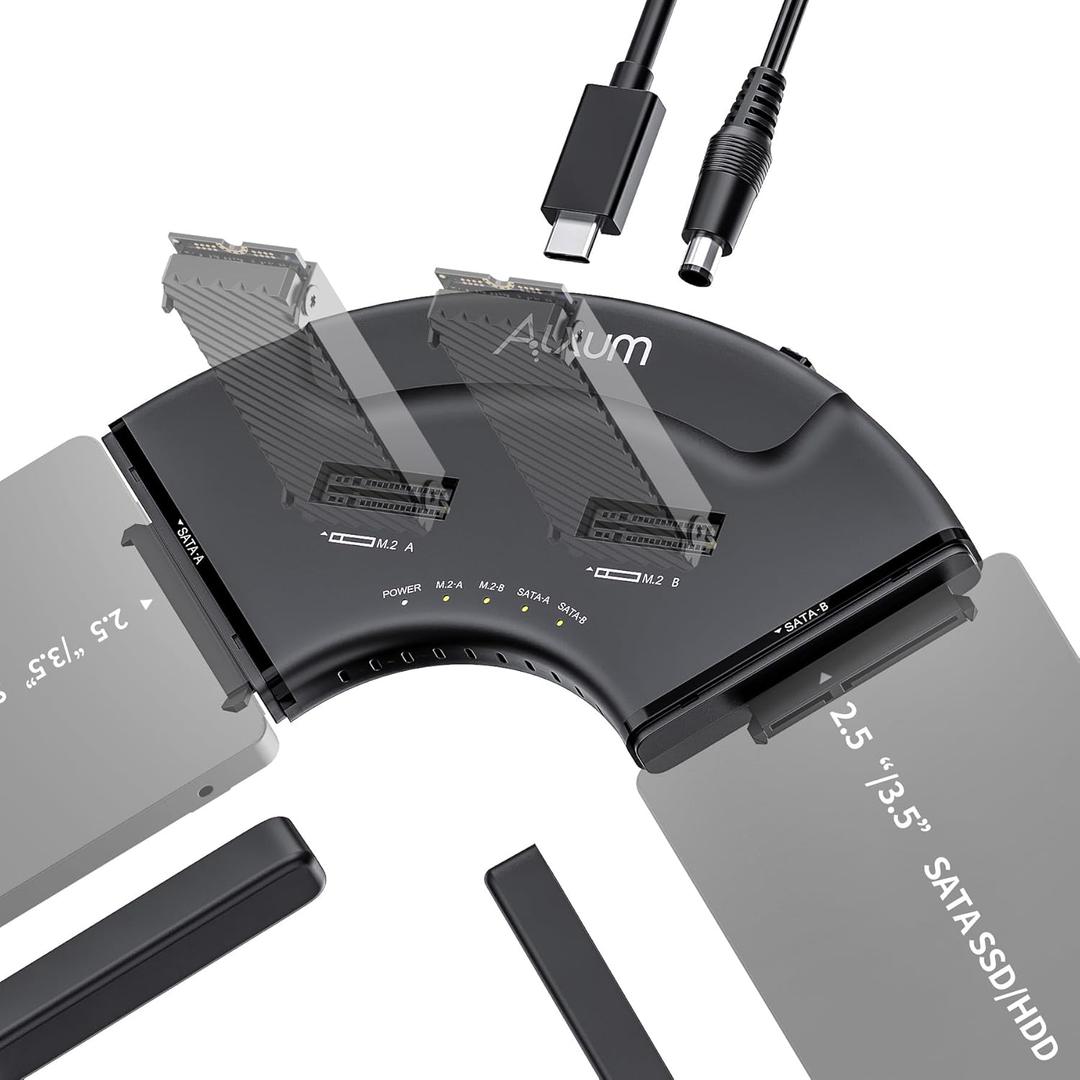 Alxum Dual M.2 NVMe & Dual SATA 4-Bay SSD Enclosure Reader, USB-C 10Gbps External Hard Drive Adapter Docking Station, PCIe 3.0 NVMe/SATA to USB Tool-Free for PC/Mac/Linux/Android