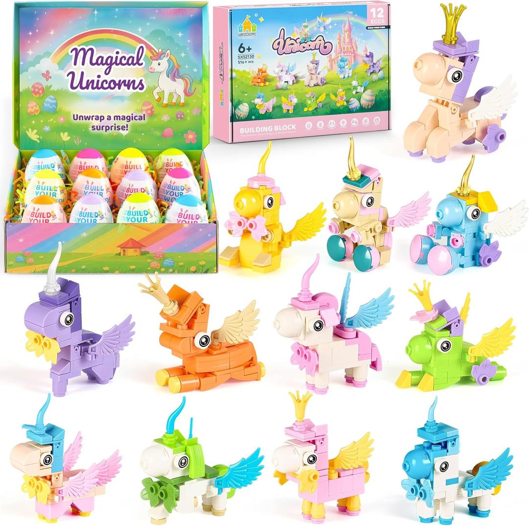 Easter Party Favors & Egg Hunt Prizes for Kids  12 Unicorn Building Sets with Prefilled Eggs, Non-Candy Easter Basket Stuffers & Goodie Bag Fillers | STEM Toys Easter Gifts for Boys & Girls Ages 6+