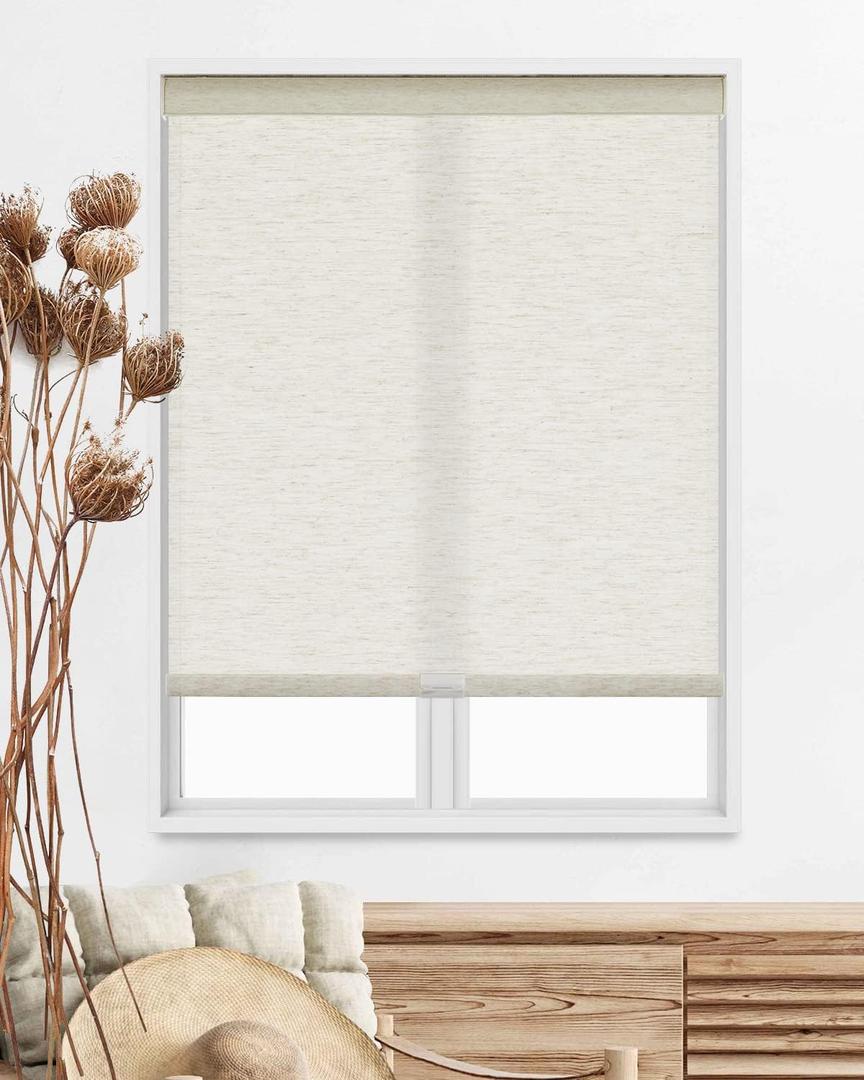 Persilux Free-Stop Cordless Roller Shades for Window Shades Natural Woven Linen Fabric Light Filtering Roller Blinds UV Protection Privacy Window Treatment for Home, Patio (12"W x 48"H, Linen Beige)
