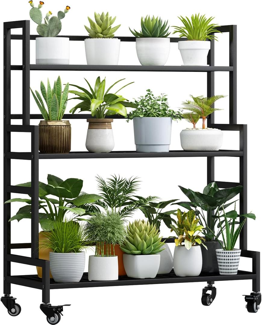 Plant Stand Indoor 3 Tier Metal Outdoor Tiered Stands Shelf With wheel for Multiple Plants Potted Ladder Plant Holder Table Plant Pot Stand for Window Garden Balcony Living Room (3 Tier-Black)