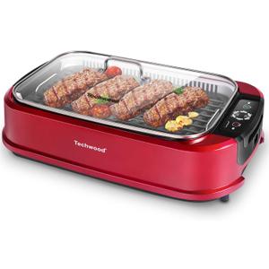 Smokeless Indoor Grill, Techwood 1500W Electric Grill Portable Korean Grill Non-Stick Grill Plates with Temperature Control, Removable Drip Tray, Tempered Glass Lid, Dishwasher-Safe