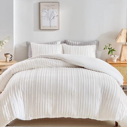 WARMDERN White Boho Duvet Cover Set Queen Size, Striped Textured Tufted Bedding Set, 3 Pcs Ultra Soft Washed Microfiber with Zipper Closure (Queen, White)