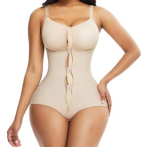 FeelinGirl Faja Body Shaper for Women Tummy Control Postpartum Shapewear Bodysuit Full Bust Bodysuits With Zipper (Large, Beige)