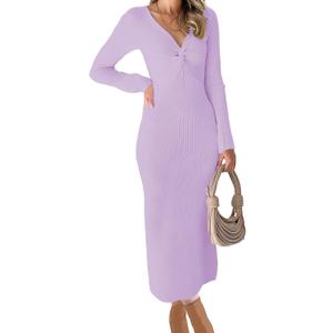 RAISECOM Womens Ribbed Knit Maxi Dresses Long Sleeve V Neck Casual Sweater Dress Bodycon Midi Dress (Purple), XL