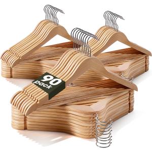 Wooden Hangers 90 Pack,Heavy Duty Solid Wooden Clothes Hangers with Pant Bar,360-Degree Rotatable Hook,Durable & Slim Wood Hangers for Coats,Jackets,Dress,Pants(Natural), 17 inches x 8.3 inches