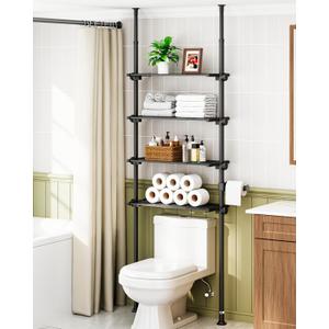 ALLZONE Adjustable Over The Toilet Storage Shelf, 4-Tier Ample Bathroom Organizer and Storage, Tension Mounted Above Toilet Storages Cabinet for Versatility, Fits 66-113 Inch Heights, Black