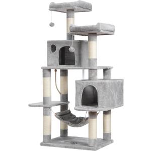Hey-brother Large Multi-Level Cat Tree Condo Furniture with Sisal-Covered Scratching Posts, 2 Bigger Plush Condos, Perch Hammock for Kittens, Cats and Pets Light Gray MPJ020W (61 Inches)