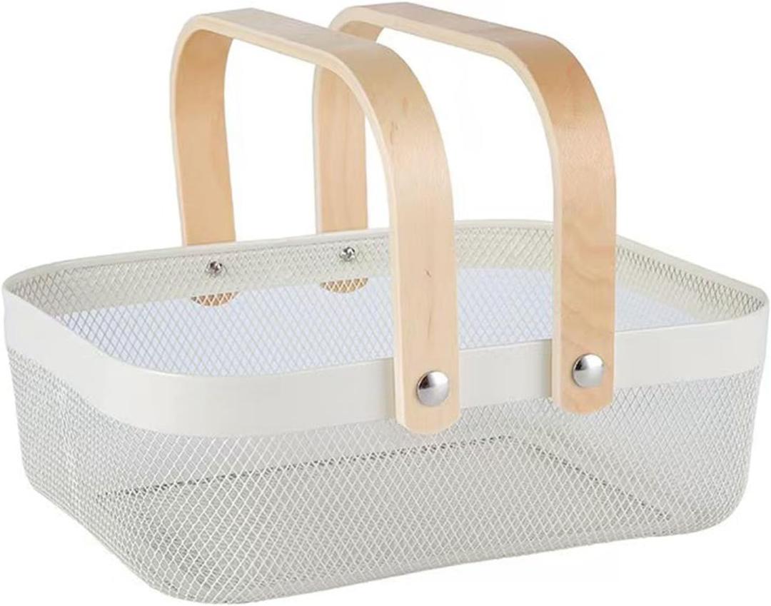 AJIODA Metal Mesh Steel Basket, Storage Organizer Basket Garden Harvest Basket Multi-functional Kitchen Fruit Baskets Bin with Wooden Handle for Bathroom Picnic Shopping Decor Cabinet Home, White