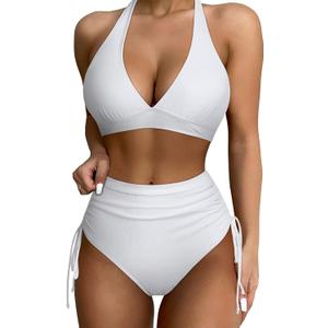 SUUKSESS Women Ribbed High Waist Bikini Sexy Drawstring Tummy Control Swimsuits (Medium, White)