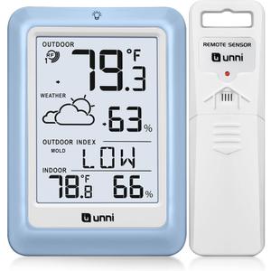 Indoor Outdoor Thermometer Wireless Weather Station, Temperature Humidity Monitor Battery Powered with 330ft Range Remote Sensor and Backlight DisplayLight Blue