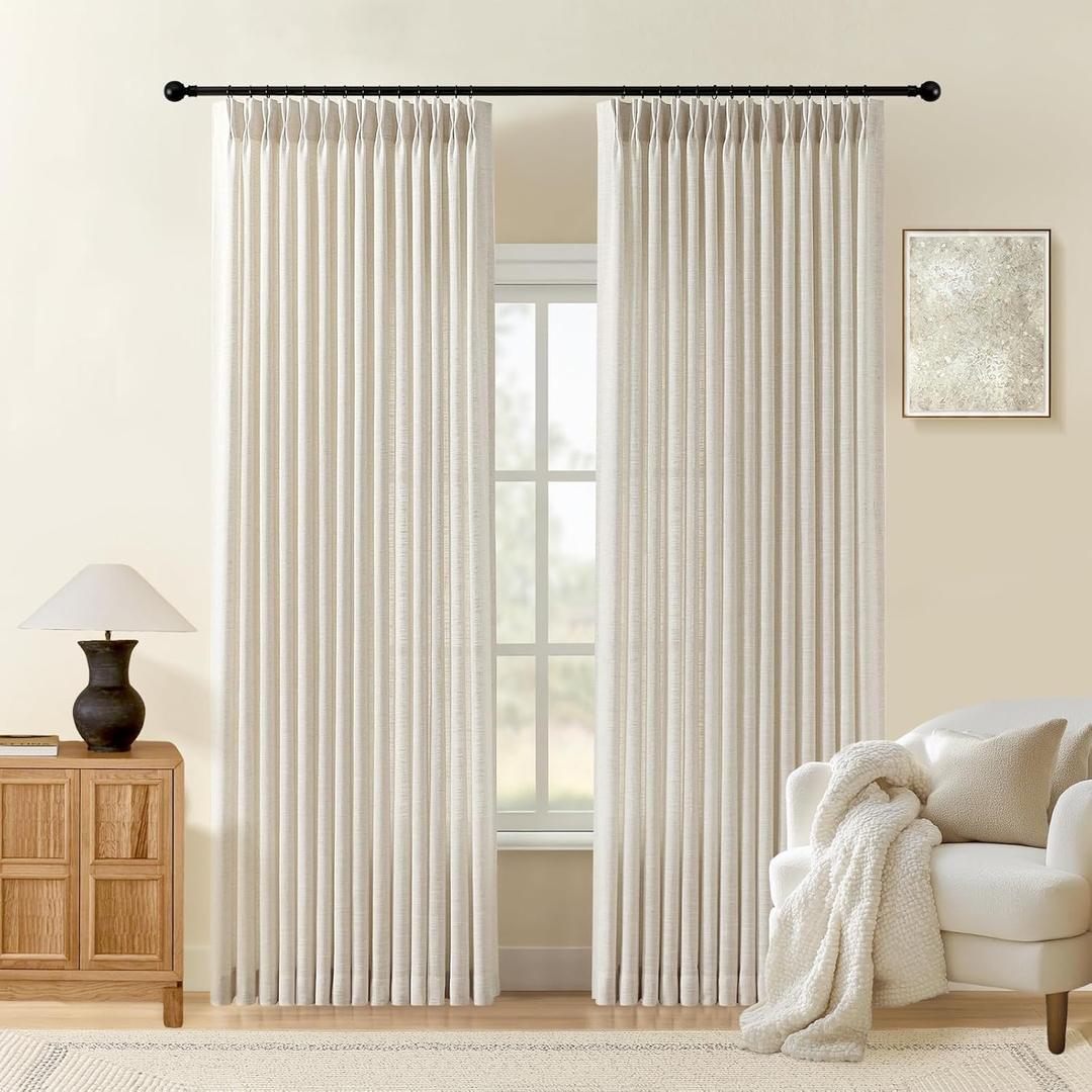 Pinch Pleated Linen Curtains 96 Inch Length for Living Room & Bedroom, Natural Light Filtering Pleat Drapes, Memory Trained Semi-Sheer Window Curtain with Hooks for Farmhouse, 1 Panels 70"Wx96"L