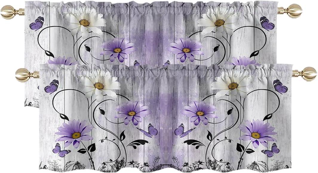 AAtter Purple Floral Kitchen Valances Curtains for Window Farmhouse Vintage Rustic Lavender Flower Butterfly Small Short Home Living Room Bedroom Bathroom Drape Fabric 2 Piece, 52" W x 18" L*2, Cute