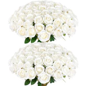 Rowfad 120 Pcs Artificial Roses Bulk Velvet Silk White Roses White Roses for Wedding Centerpieces Bridal Bouquet Mohter's Day Home Decor (120, White)
