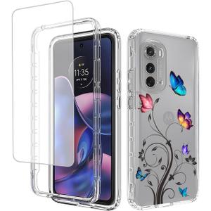 Case for Moto Edge 2022/Moto Edge 2022 5G UW XT22051 Case with Tempered Glass Screen Protector, Full Body Floral Protection Hard+TPU Shockproof Cover for Motorola Moto Edge 2022 Tree Butterfly