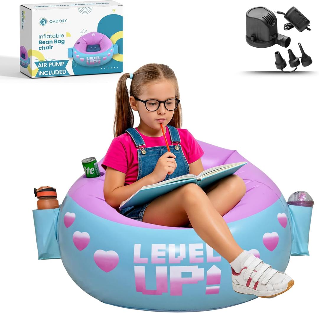 Inflatable Gaming Chair for Kids Supports Up to 300 lbs, Includes Air Pump, Cup Holder, 2 Pockets Durable Gaming Bean Bag Seat, Comfy Kid Bean Bag Chair & Top Bean Bag Chairs for Kids (Pink, Teal)
