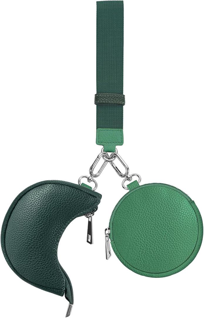 2 x Dual Pouch Wristlet Keychain Wallet Double keychain wallets Mini Pouch Coin Purse Women Coin Detachable Wrist Zip Bag (Green)