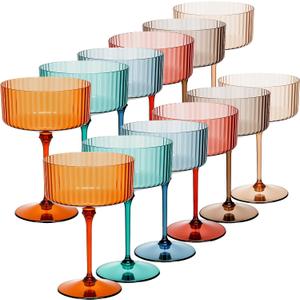 Jingmore 11 Pcs Ribbed Martini Glasses 10 oz Disposable Plastic Vintage Ribbed Coupe Glasses Unbreakable Dessert Parfait Glassware for Wedding Birthday Party Supplies (Classic Color)