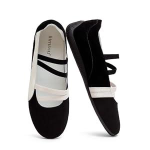 iiimmu Fashion Sneakers Ballerina Flats with Elastic Straps Casual Walking Shoes Lightweight Comfortable Dress Flats with Rubber Sole Faux Suede (8.5, Black White)